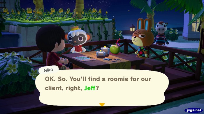 Niko: OK. So. You'll find a roomie for our client, right, Jeff?