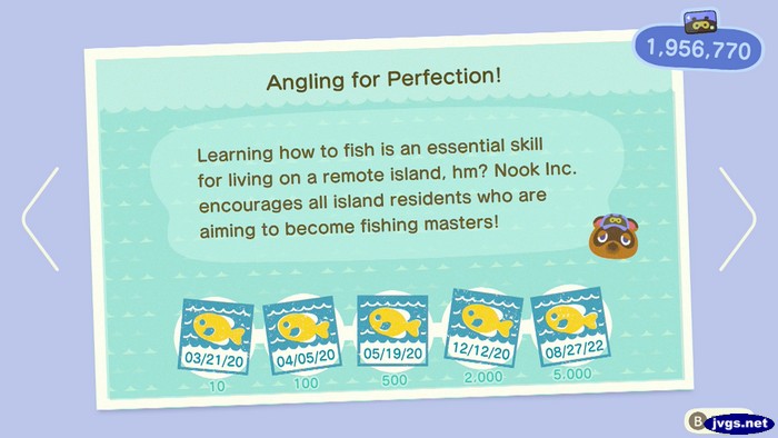 The completed Angling for Perfection Nook Miles achievement.