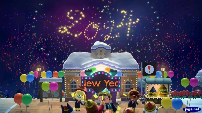 Fireworks spell out 2024 during the New Year's Eve celebration in Animal Crossing: New Horizons.