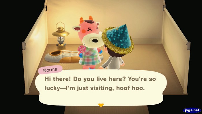 Norma, at the campsite: Hi there! Do you live here? You're so lucky--I'm just visiting, hoof hoo.
