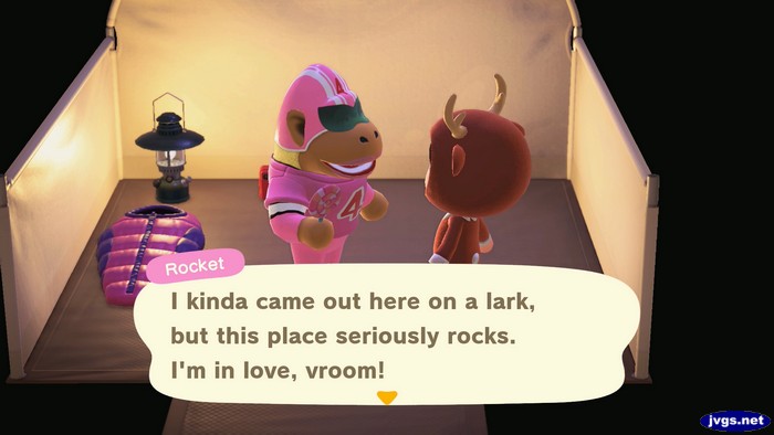 Rocket, at the campsite: I kinda came out here on a lark, but this place seriously rocks. I'm in love, vroom!