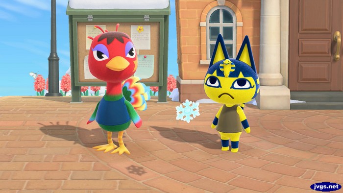 Rio and Ankha stop exercising to watch a snowflake fly by.