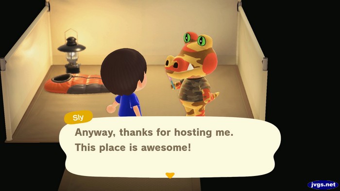 Sly, at the campsite: Anyway, thanks for hosting me. This place is awesome!