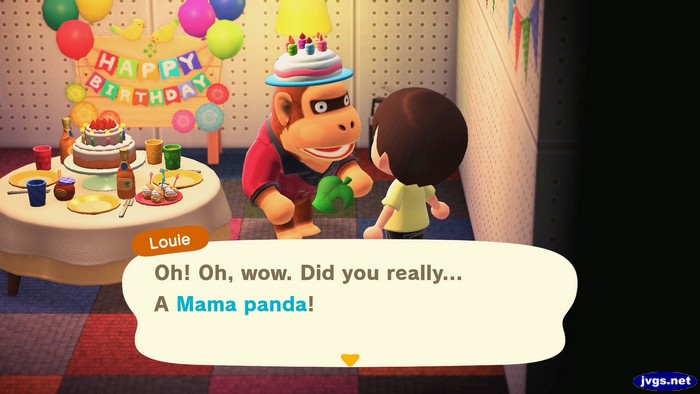 Louie, at his birthday party: Oh! Oh, wow. Did you really... A Mama panda!