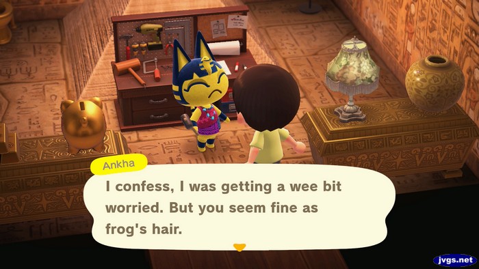 Ankha: I confess, I was getting a wee bit worried. But you seem fine as frog's hair.