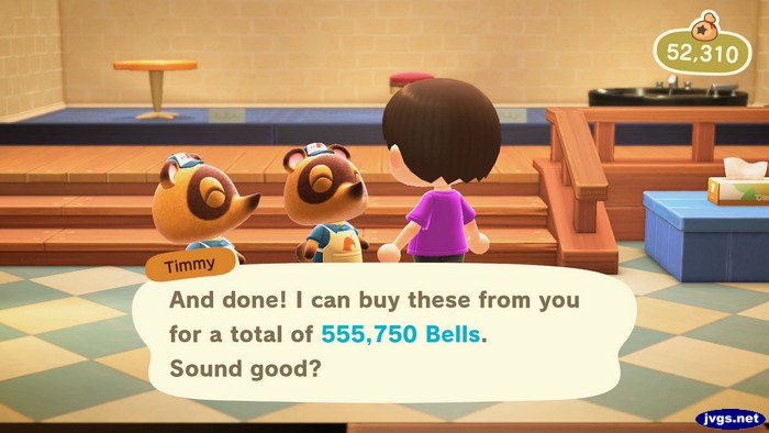 Timmy: And done! I can buy these from you for a total of 555,750 bells. Sound good?