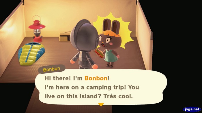 Bonbon, at the campsite: Hi there! I'm Bonbon! I'm here on a camping trip! You live on this island? Tres cool.