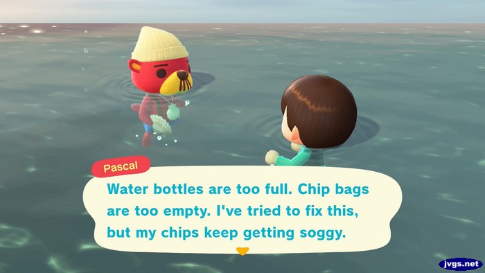 Pascal: Water bottles are too full. Chip bags are too empty. I've tried to fix this, but my chips keep getting soggy.