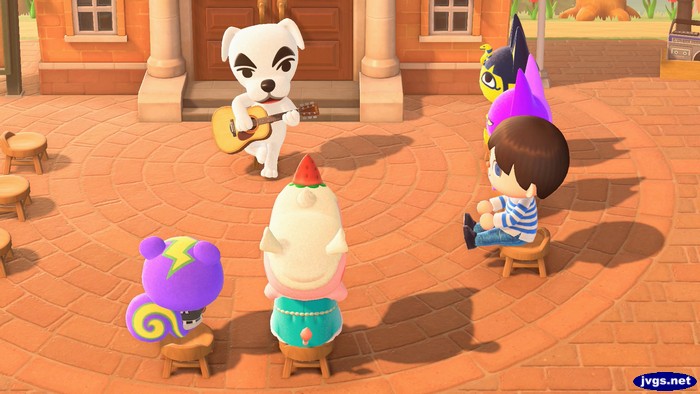 Static, Merengue, Ankha, Bob, and Jeff watch K.K. practice during the day.