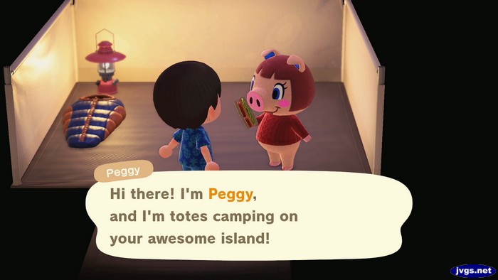 Peggy: Hi there! I'm Peggy, and I'm totes camping on your awesome island!