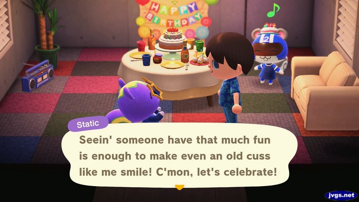 Static: Seein' someone have that much fun is enough to make even an old cuss like me smile! C'mon, let's celebrate!