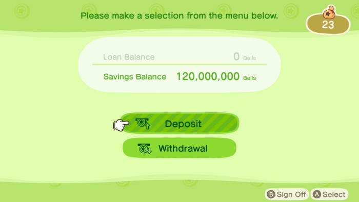 Savings Balance: 120,000,000 bells.