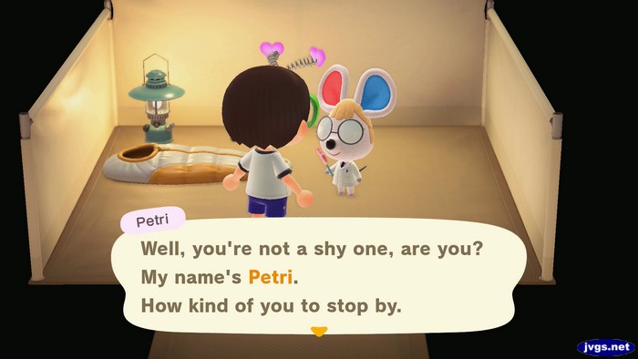 Petri, at the campsite: Well, you're not a shy one, are you? My name's Petri. How kind of you to stop by.