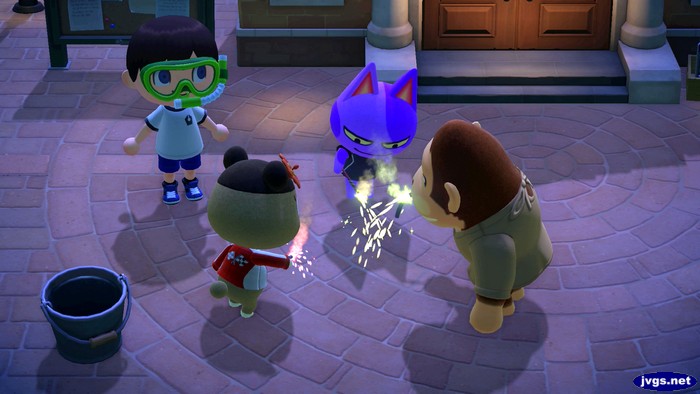June, Bob, and Louie set off some sparklers in Animal Crossing: New Horizons.