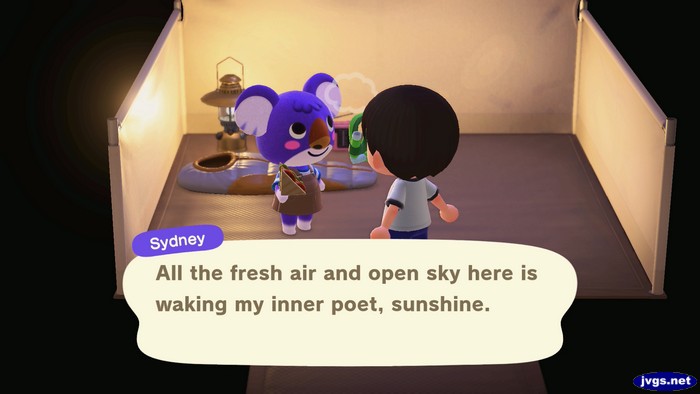 Sydney, at the campsite: All the fresh air and open sky here is waking my inner poet, sunshine.