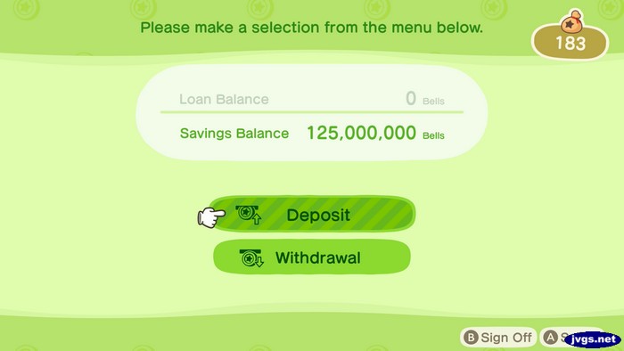 Savings Balance: 125,000,000 bells.
