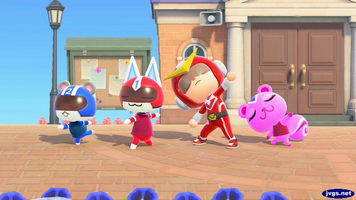 Agent S, Kid Cat, Jeff, and Peanut stretching outside of town hall.