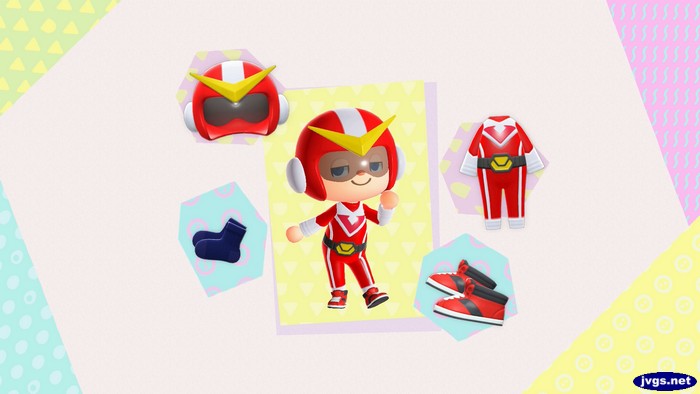 Wearing a red zap suit.