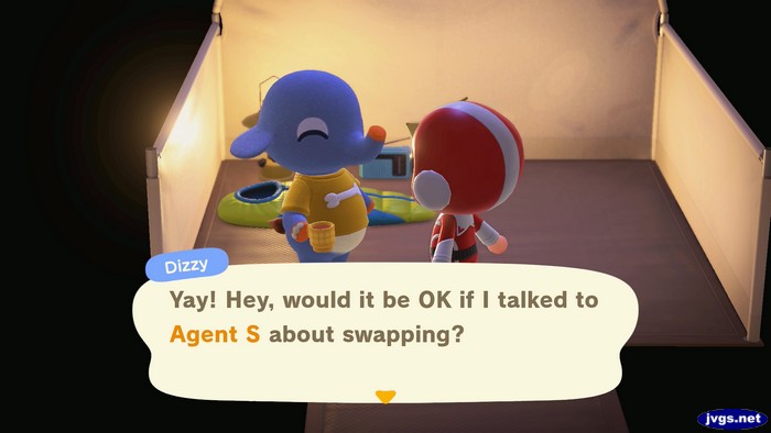 Dizzy, at the campsite: Yay! Hey, would it be OK if I talked to Agent S about swapping?