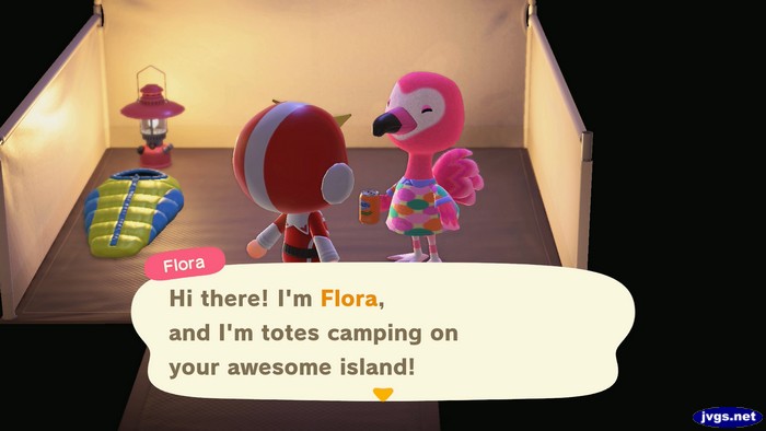 Flora, at the campsite: Hi there! I'm Flora, and I'm totes camping on your awesome island!