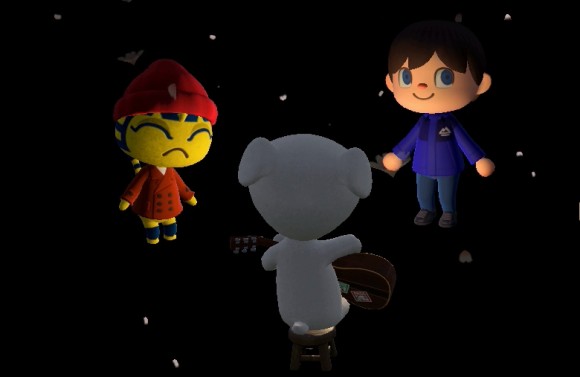 K.K. Slider performs for Ankha and Jeff in Animal Crossing: New Horizons.