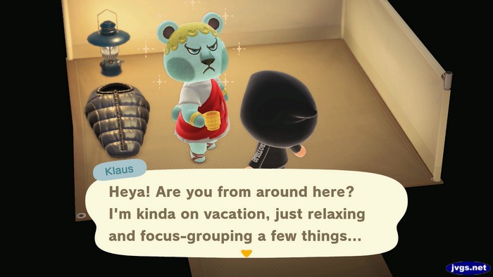 Klaus, at the campsite: Heya! Are you from around here? I'm kinda on vacation, just relaxing and focus-grouping a few things...