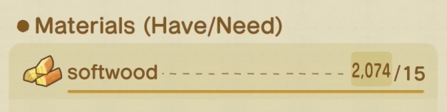 Materials (Have/Need) Softwood: 2,074/15