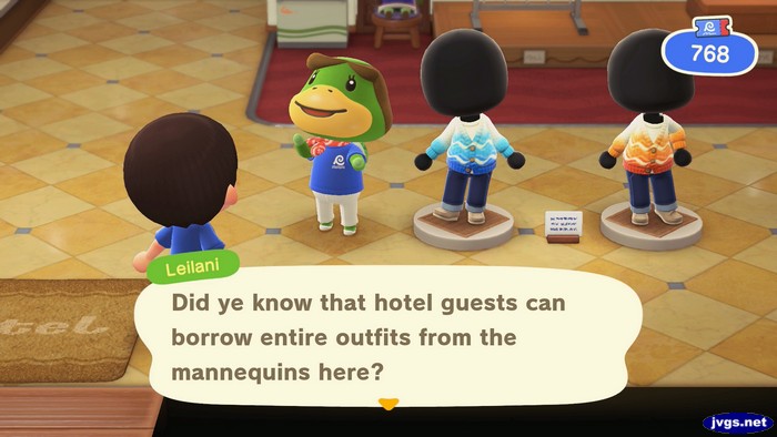 Leilani: Did ye know that hotel guests can borrow entire outfits from the mannequins here?
