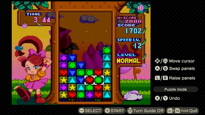 Screenshot of Panel de Pon for Super Famicom, as played in Animal Crossing: New Horizons.