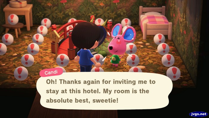 Candi: Oh! Thanks again for inviting me to stay at this hotel. My room is the absolute best, sweetie!