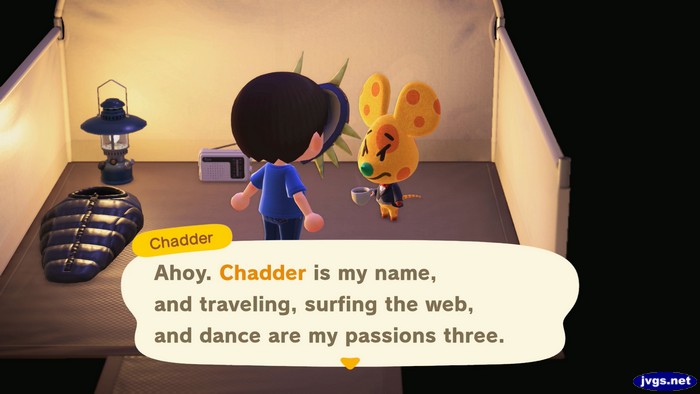 Chadder, at the campsite: Ahoy. Chadder is my name, and traveling, surfing the web, and dance are my passions three.