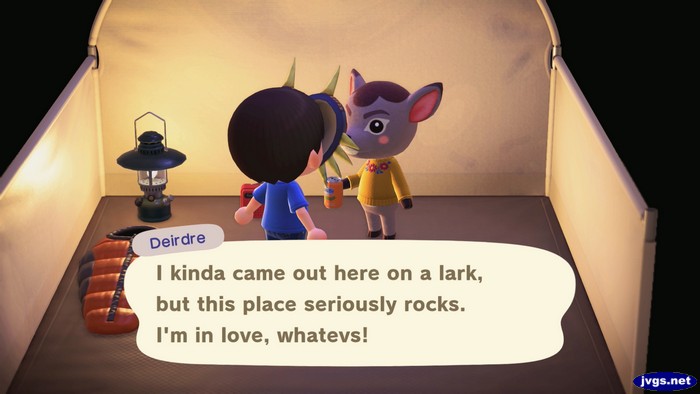 Deirdre, at the campsite: I kinda came out here on a lark, but this place seriously rocks. I'm in love, whatevs!