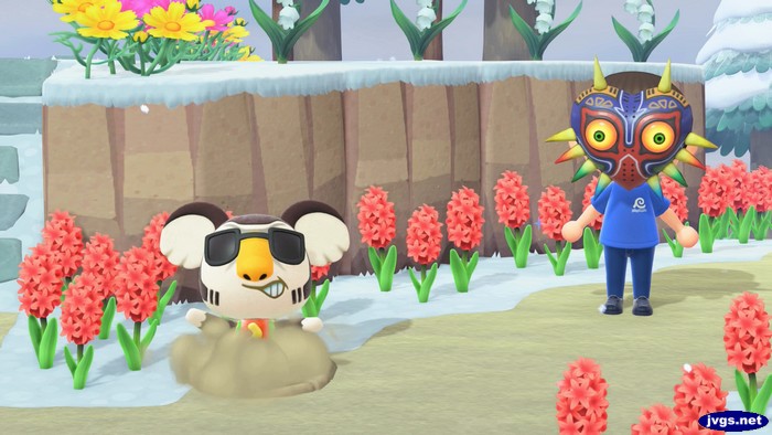 Eugene struggles to get out of a pitfall, as Jeff (wearing Majora's Mask) watches on.