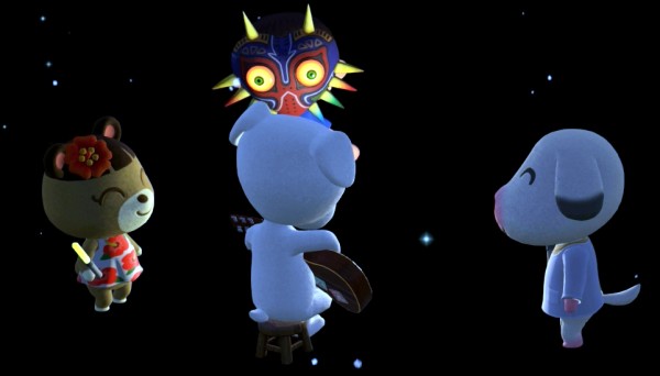 June, Bones, and Jeff (wearing Majora's Mask) enjoy a performance by K.K. Slider.