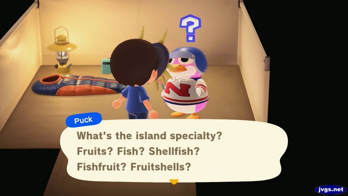 Puck, at the campsite: What's the island specialty? Fruits? Fish? Shellfish? Fishfruit? Fruitshells?