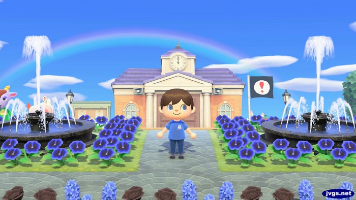 A rainbow shines overhead as my fountains erupt at the top of the hour.