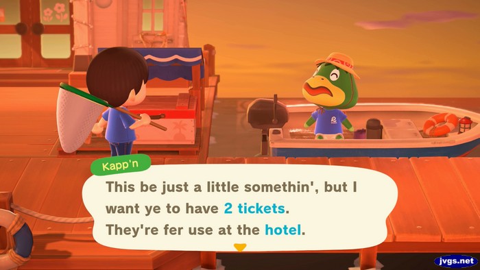 Kapp'n: This be just a little somethin', but I want ye to have 2 tickets. They're fer use at the hotel.