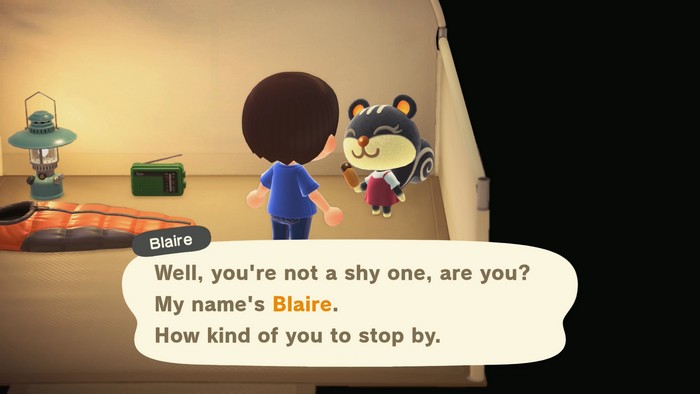 Blaire: Well, you're not a shy one, are you? My name's Blaire. How kind of you to stop by.