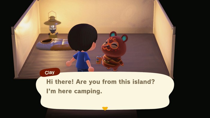 Clay, at the campsite: Hi there! Are you from this island? I'm here camping.