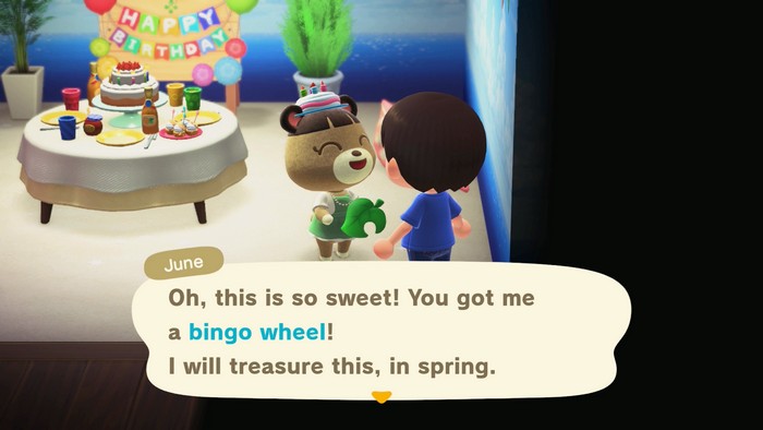 June, at her birthday party: Oh, this is so sweet! You got me a bingo wheel! I will treasure this, in spring.