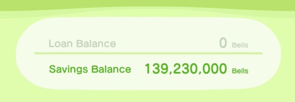 Savings Balance: 139,230,000 bells.