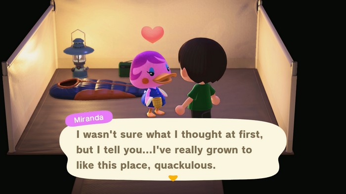Miranda, at the campsite: I wasn't sure what I thought at first, but I tell you...I've really grown to like this place, quackulous.