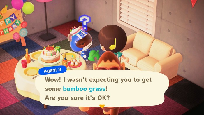Agent S: Wow! I wasn't expecting you to get some bamboo grass! Are you sure it's OK?