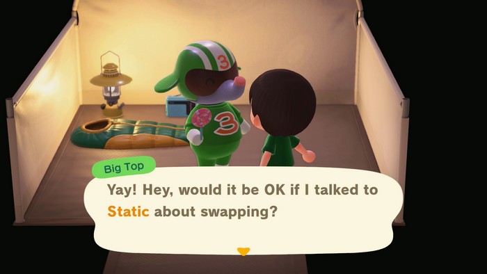 Big Top, at the campsite: Yay! Hey, would it be OK if I talked to Static about swapping?