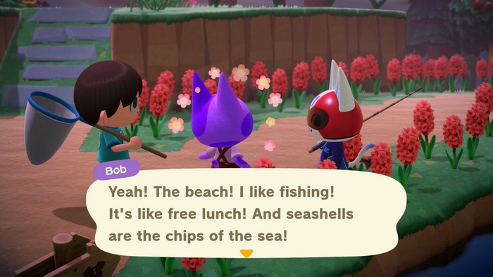 Bob: Yeah! The beach! I like fishing! It's like free lunch! And seashells are the chips of the sea!