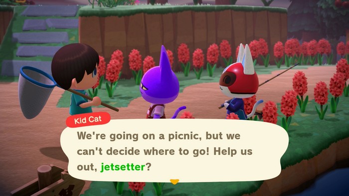 Kid Cat: We're going on a picnic, but we can't decide where to go! Help us out, jetsetter?