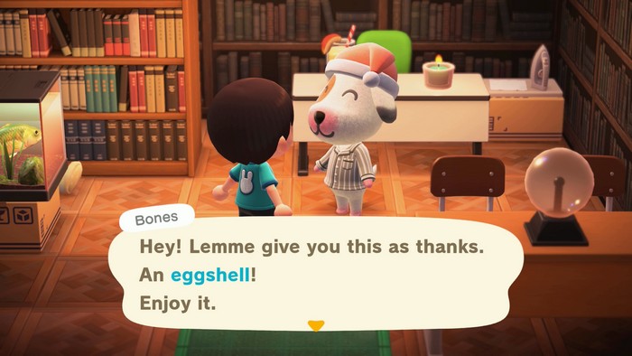 Bones: Hey! Lemme give you this as thanks. An eggshell! Enjoy it.