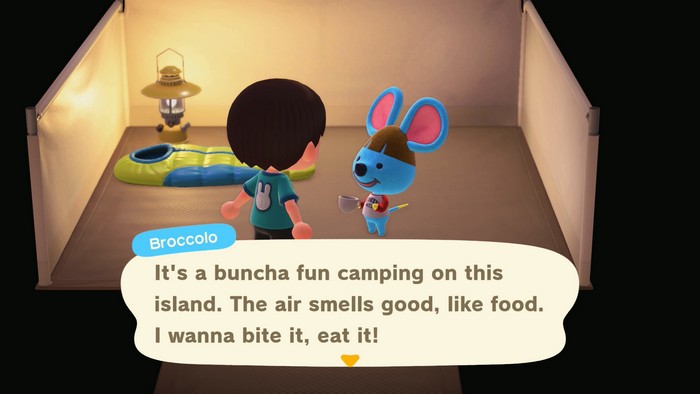 Broccolo, at the campsite: It's a buncha fun camping on this island. The air smells good, like food. I wanna bite it, eat it!