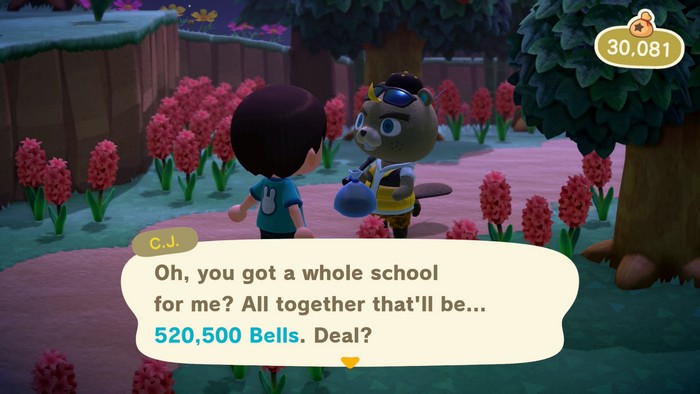 C.J.: Oh, you got a whole school for me? All together that'll be... 520,500 bells. Deal?