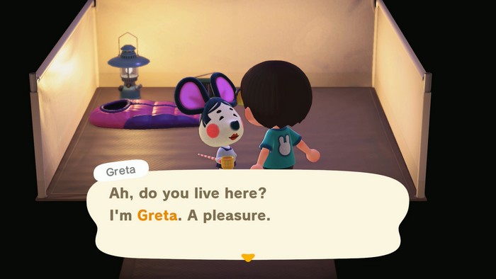 Greta, at the campsite: Ah, do you live here? I'm Greta. A pleasure.
